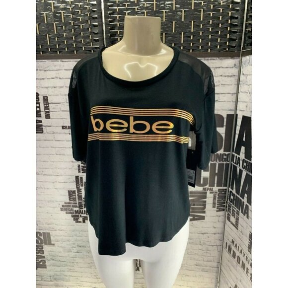Bebe XL Black Logo Gold Mesh Trim Short Sleeve Crop Tee - Picture 1 of 6